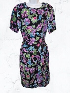 Liz Claiborne 100% Silk Black Floral Midi Dress
